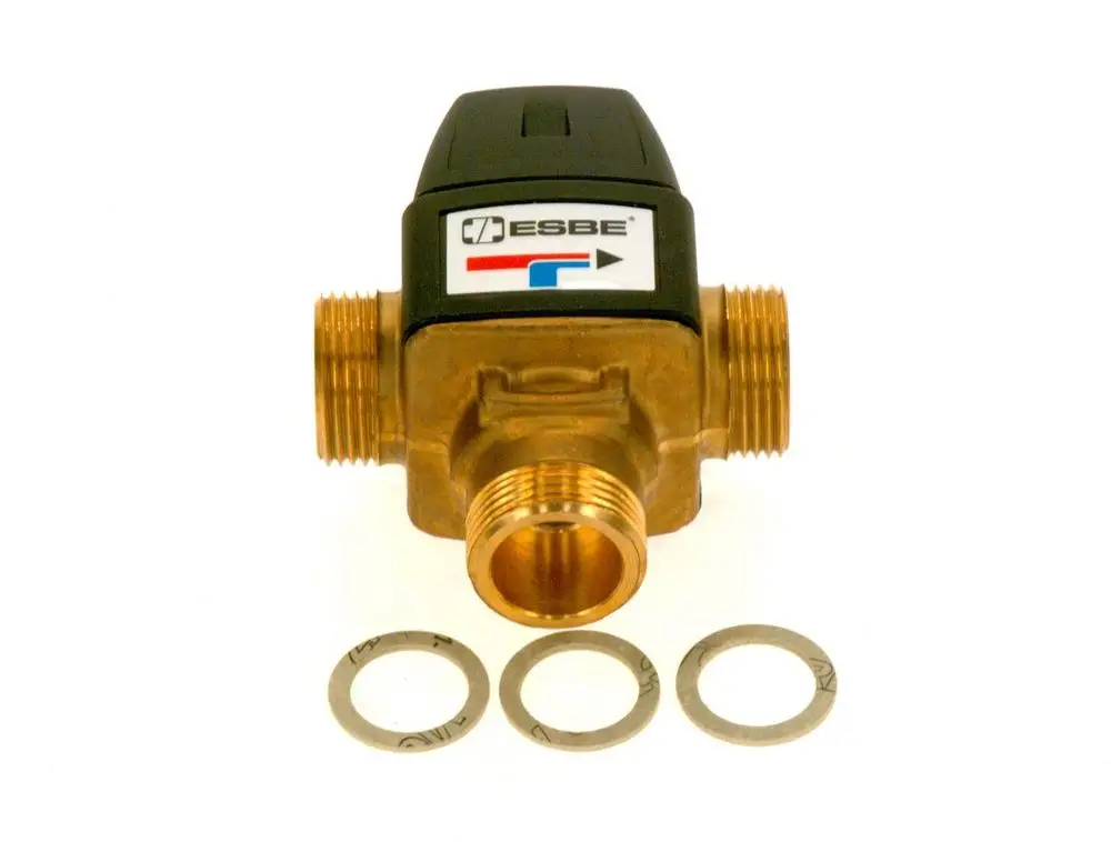 Thermostat mit drei Anschlüssen in bronze mit Kunststoffgehäuse, präsentiert die Marke Bosch. Daneben zwei Dichtungsringen aus Metall.